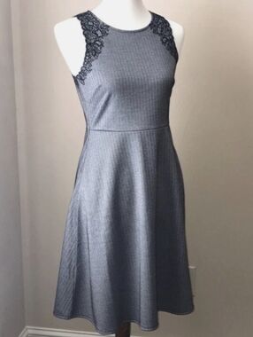 Banana Republic Black and Gray Sleeveless Fit & Flare Dress w/ Lace Yoke, Size 4